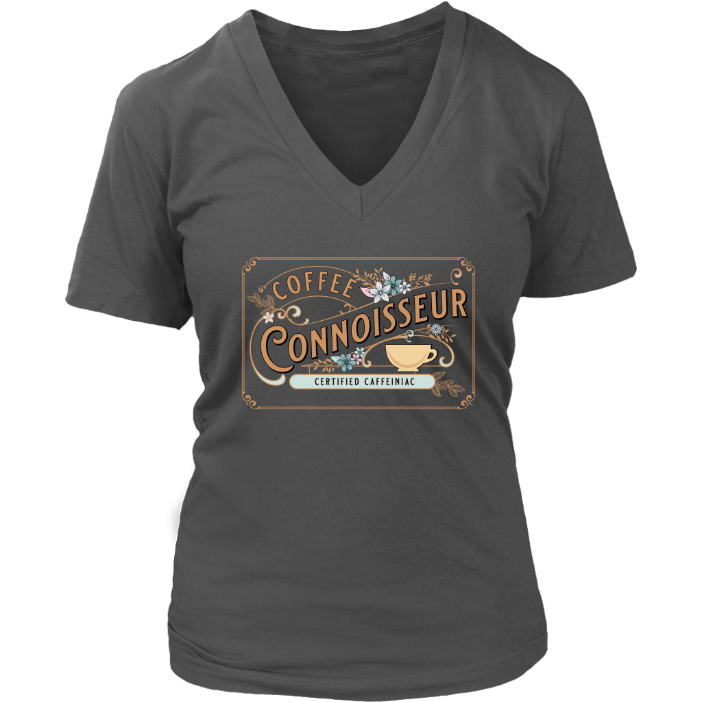 a grey v-neck shirt with the coffee connoisseur design by caffeiniac
