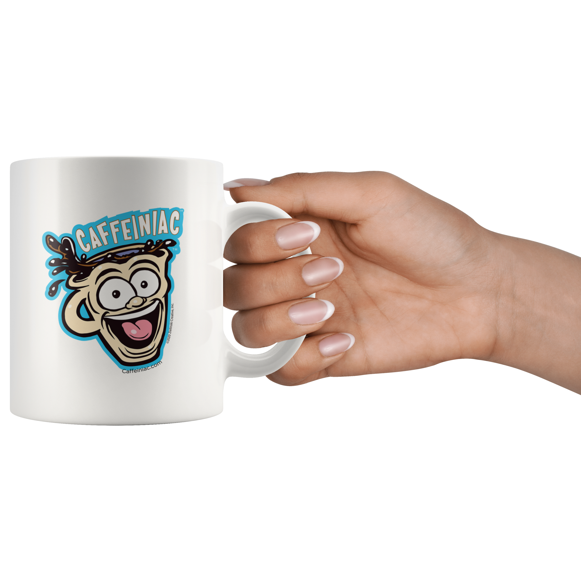 a woman's hand holding the handle of a white ceramic coffee mug with a vibrant Caffeiniac design which is printed on both sides