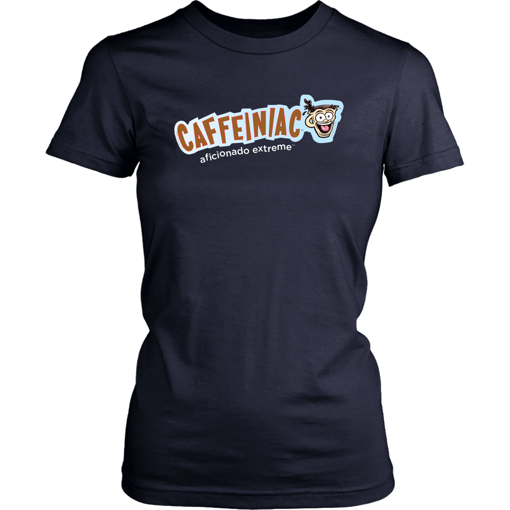 Front view of a District Womens navy blue Shirt featuring Caffeiniac Aficionado Extreme design
