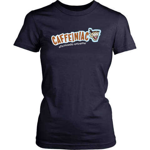 Image of Front view of a District Womens navy blue Shirt featuring Caffeiniac Aficionado Extreme design