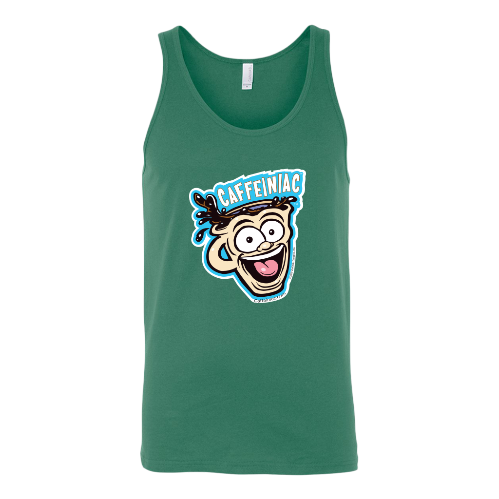 front view of a green tank top featuring the original Caffeiniac dude cup design on the front