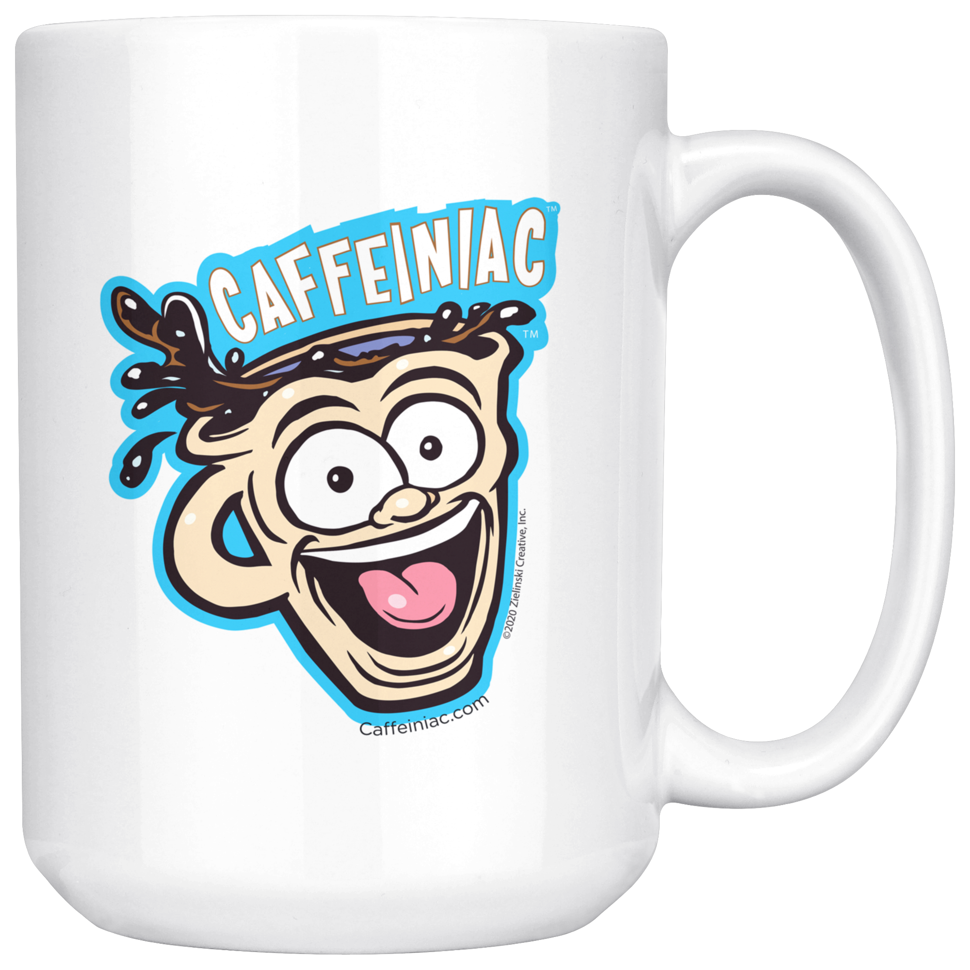 front view of a white ceramic coffee mug with a vibrant Caffeiniac design which is printed on both sides