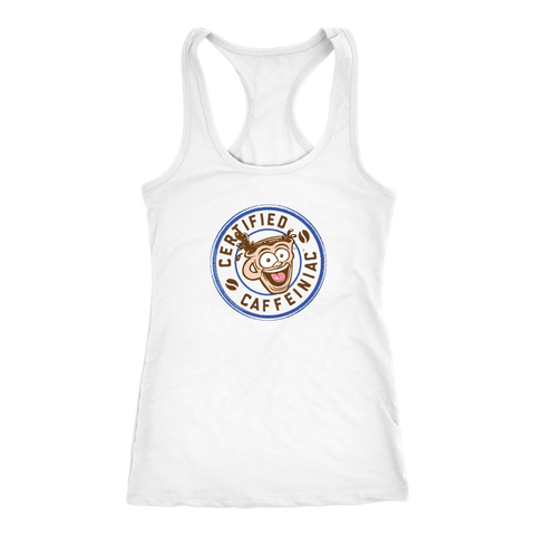 Image of front view of a white racerback tank top featuring the Certified Caffeiniac design on the front