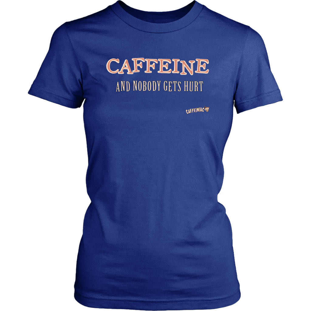 front view of a womens navy blue Caffeiniac shirt with the design CAFFEINE and nobody gets hurt