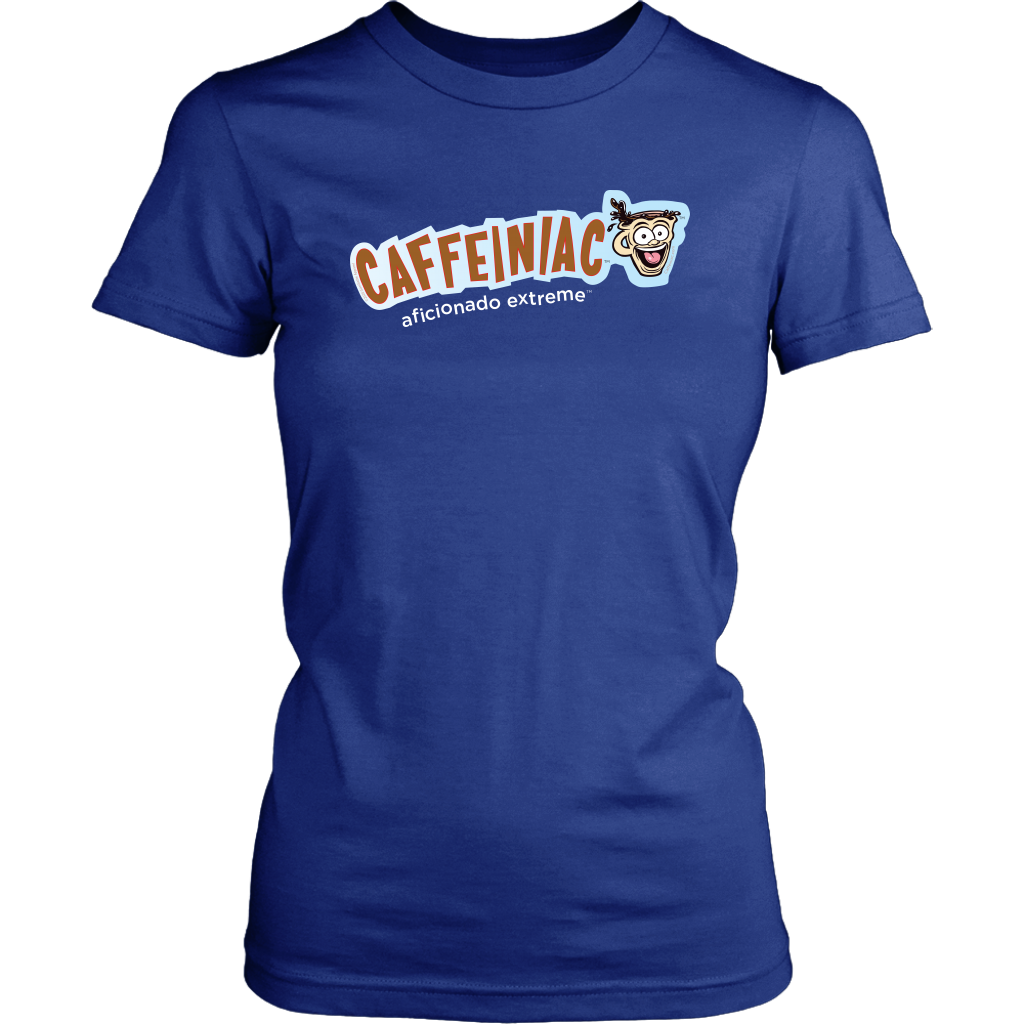 Front view of a District Womens royal blue Shirt featuring Caffeiniac Aficionado Extreme design