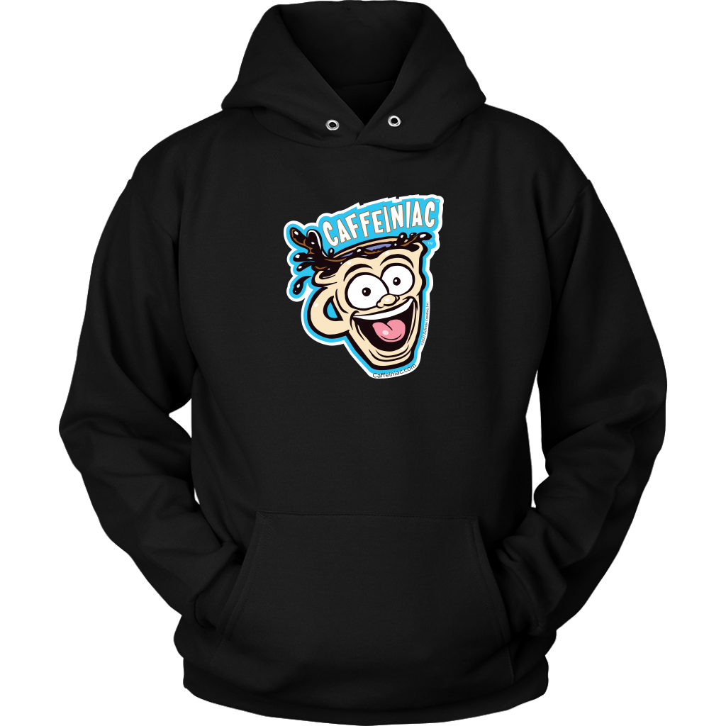 Front view of a black unisex Hoodie featuring the original Caffeiniac Dude cup design on the front