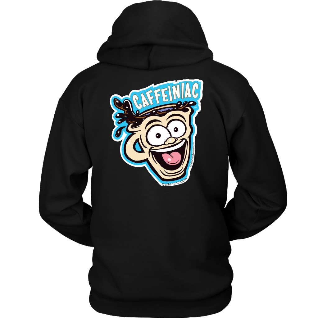 Back view of a black unisex Hoodie featuring the original Caffeiniac Dude design on the front left chest and full size on the back
