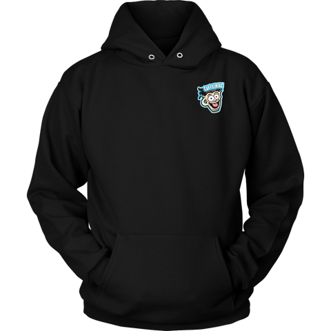 Image of Front view of a black unisex Hoodie featuring the original Caffeiniac Dude design on the front left chest and full size on the back