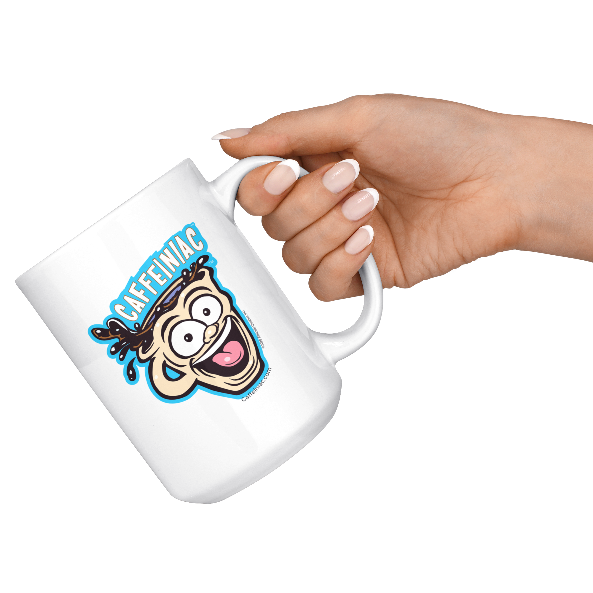 a hand holding  a white ceramic coffee mug with a vibrant Caffeiniac design which is printed on both sides