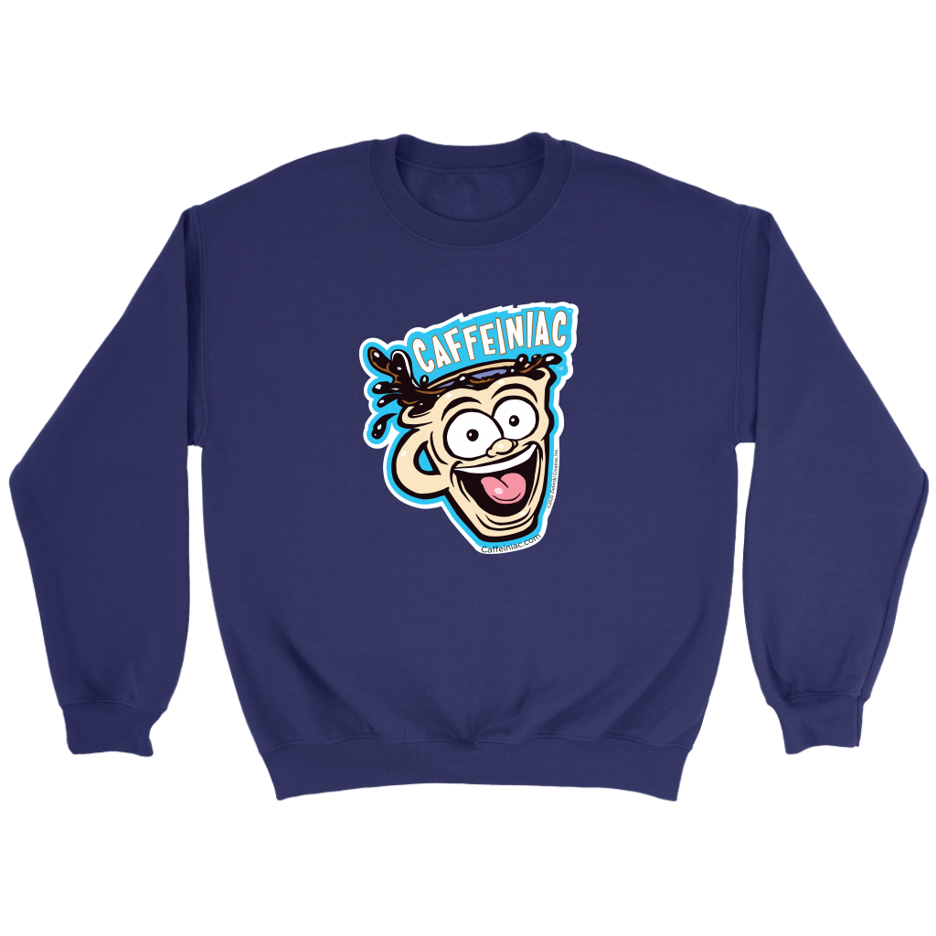 front view of a navy blue crewneck sweatshirt featuring the original Caffeiniac Dude cup design