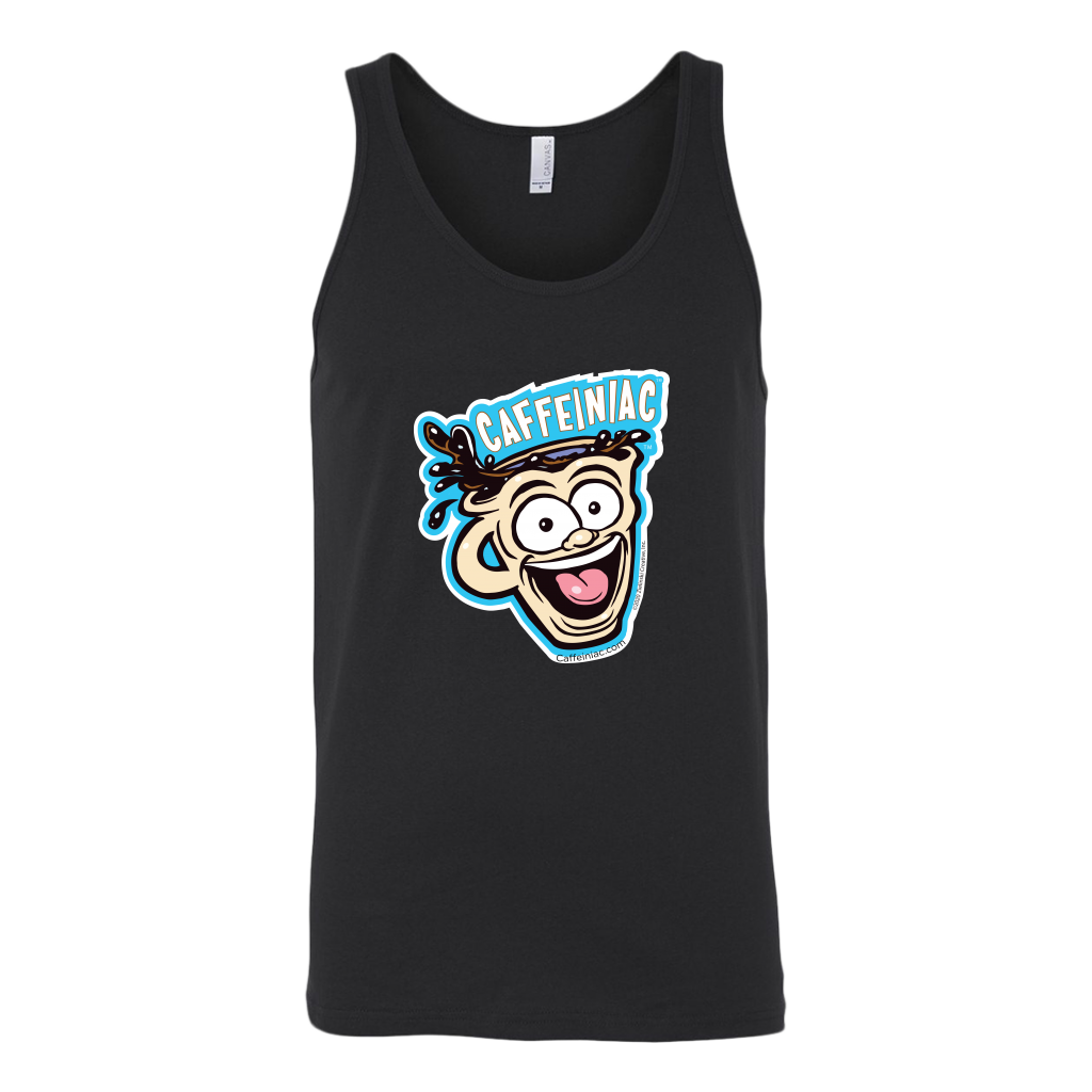 front view of a black tank top featuring the original Caffeiniac dude cup design on the front