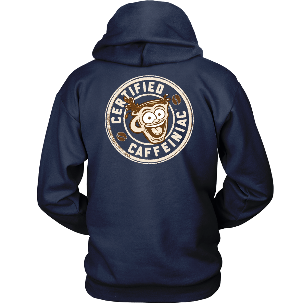 back view of a navy blue hoodie with the Certified Caffeiniac design on the back full size in tan ink