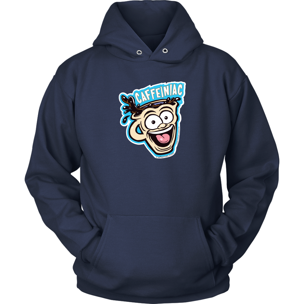 Front view of a navy blue unisex Hoodie featuring the original Caffeiniac Dude cup design on the front