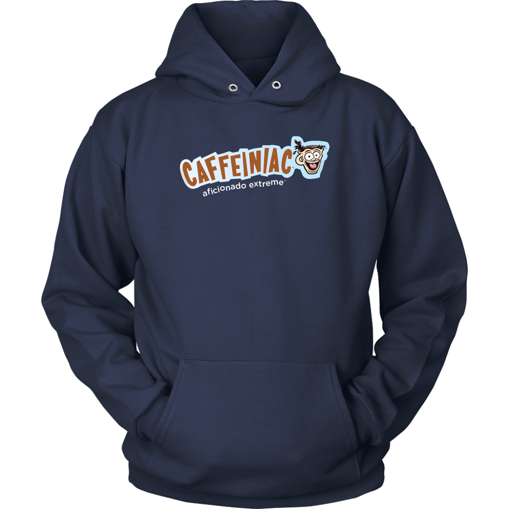 front view of a navy blue unisex hoodie featuring the caffeiniac aficionado extreme design on the front