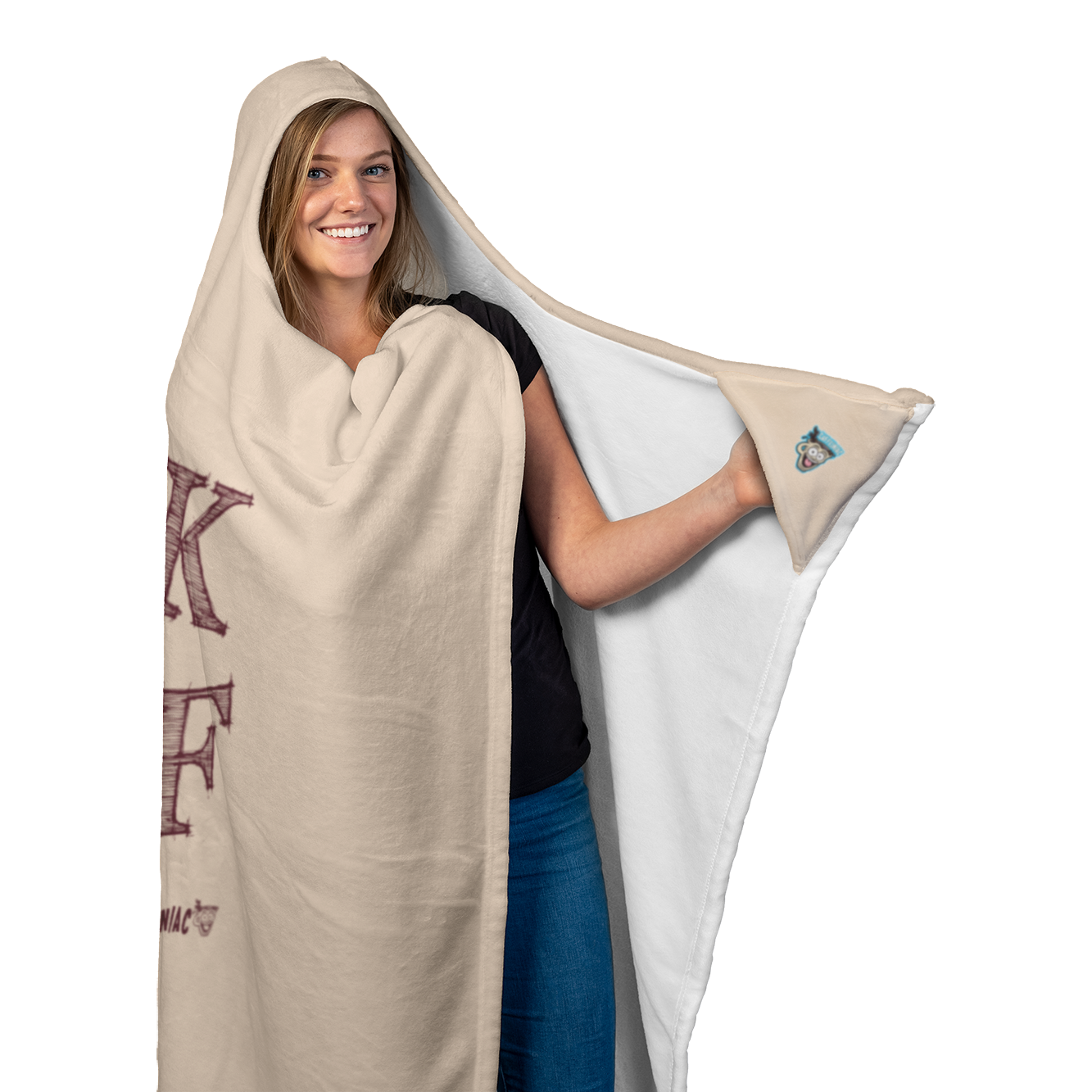 woman holding the left glove areas of a  luxurious hooded blanket featuring the Caffeiniac design F_CK DECAF