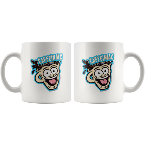Image of front and back view of a white ceramic coffee mug with a vibrant Caffeiniac design which is printed on both sides