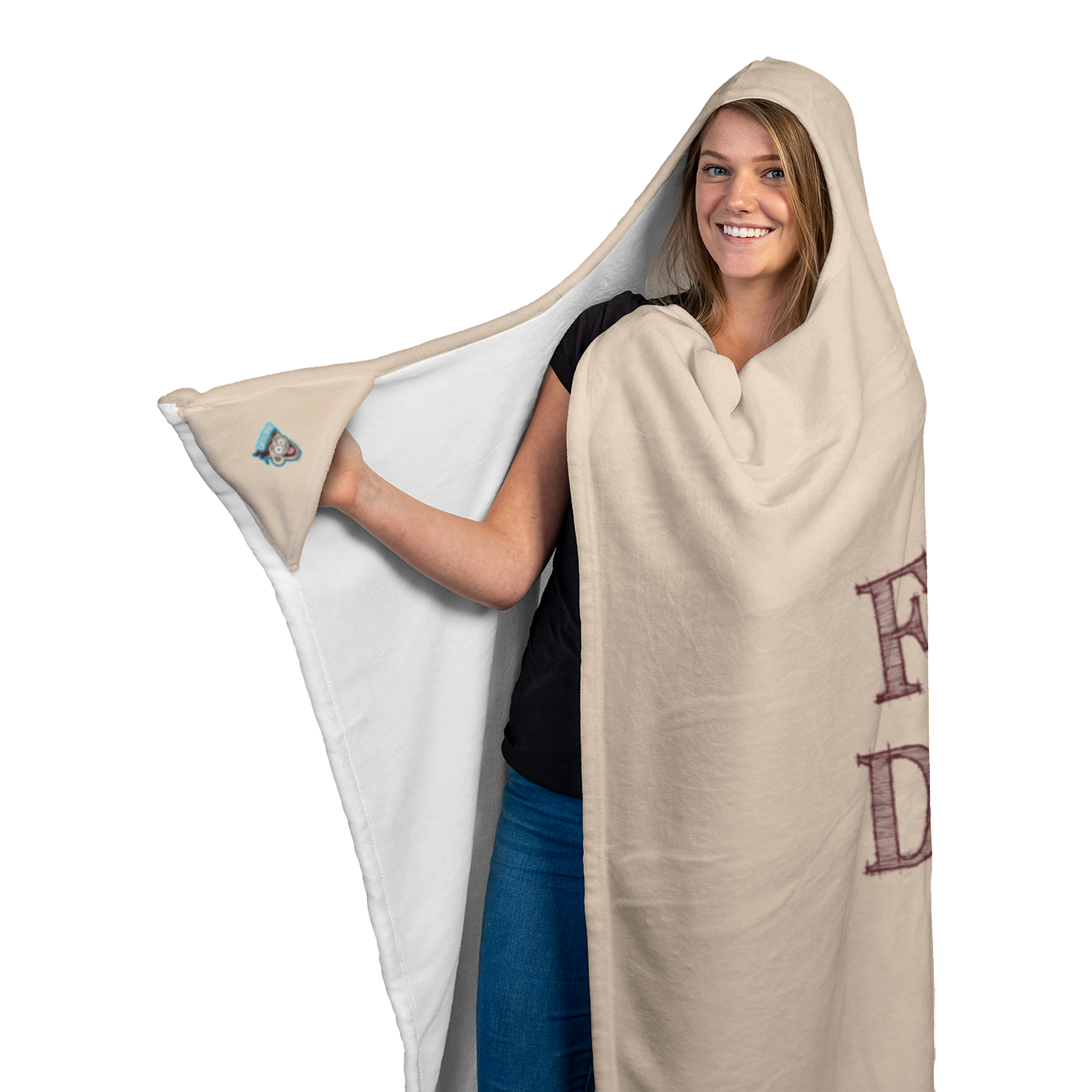 smiling woman wearing a soft hooded blanket showing the Caffeiinac Dude logo on the glove section