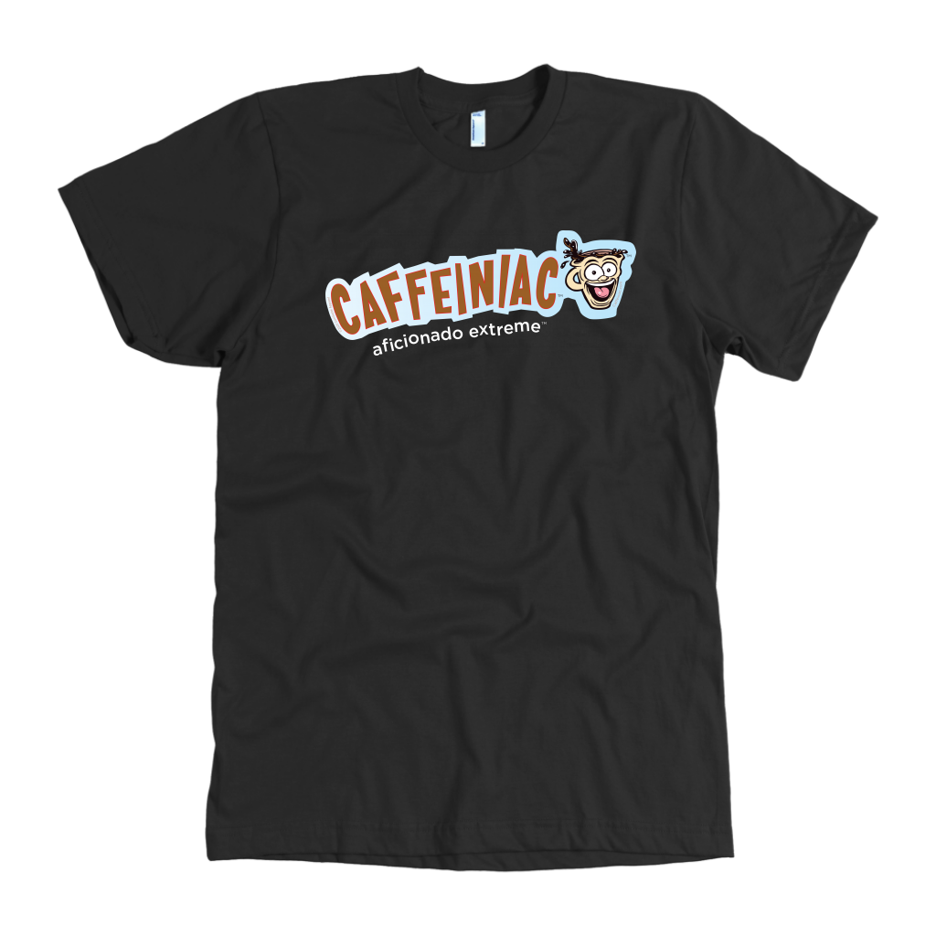 front view of a black t-shirt with the Caffeiniac aficionado extreme design on the front