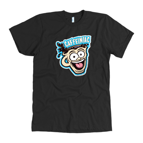 Image of front view of a grey mens t-shirt featuring the original Caffeiniac dude cup design