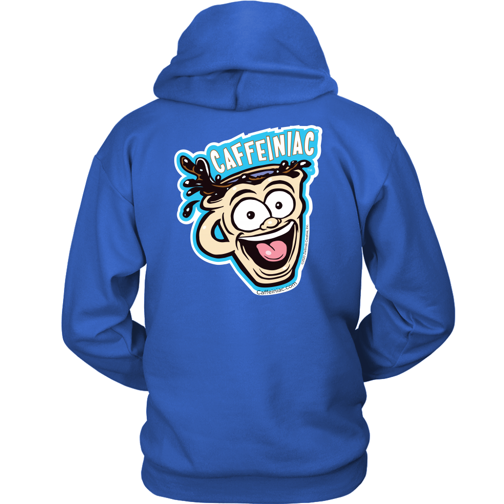 back view of a royal blue unisex Hoodie featuring the original Caffeiniac Dude design on the front left chest and full size on the back