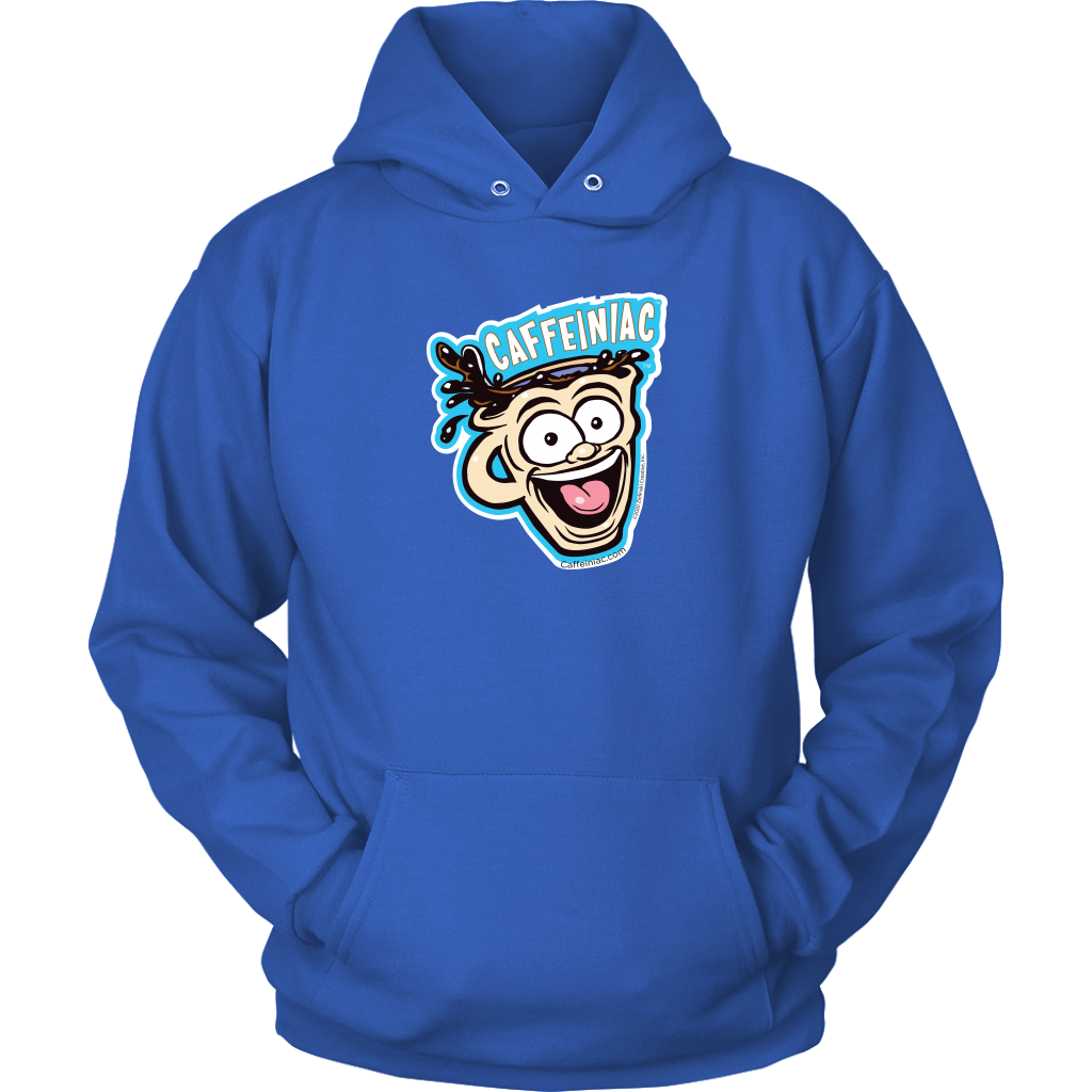Front view of a royal blue unisex Hoodie featuring the original Caffeiniac Dude cup design on the front