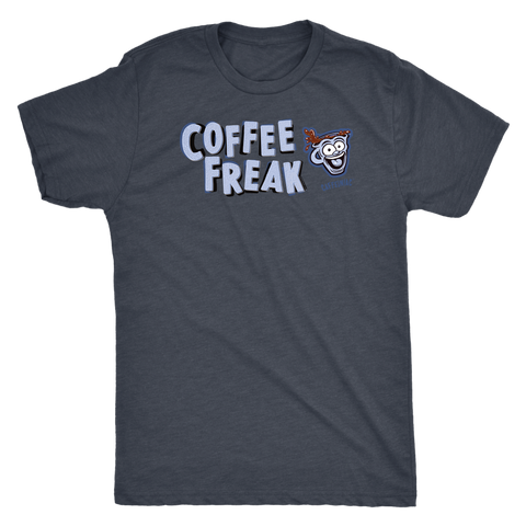 Image of front view of a grey Caffeiniac t-shirt with the COFFEE FREAK design