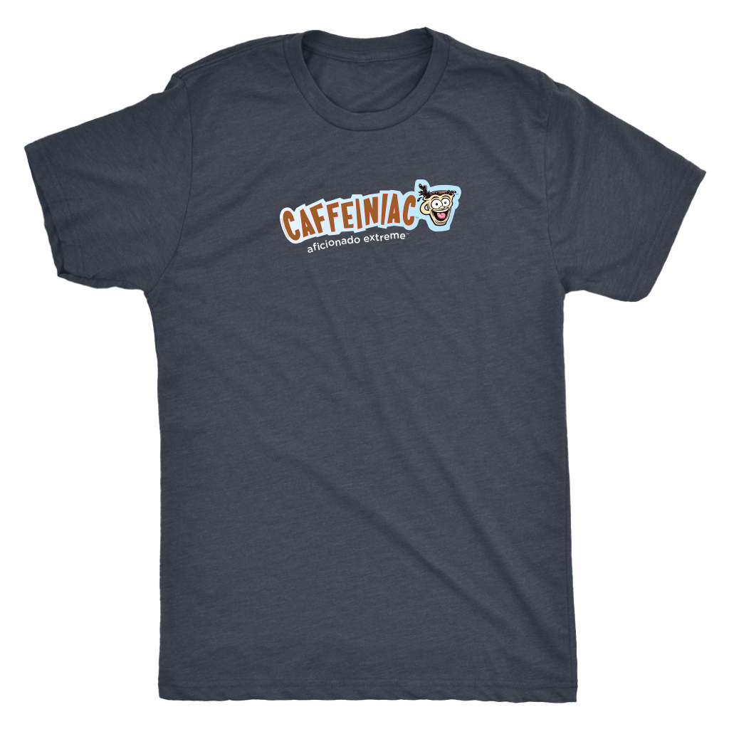 a dark grey Next Level Mens Triblend T-shirt featuring the Caffeinaic aficionado extreme design on the front