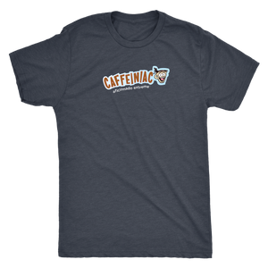 a dark grey Next Level Mens Triblend T-shirt featuring the Caffeinaic aficionado extreme design on the front