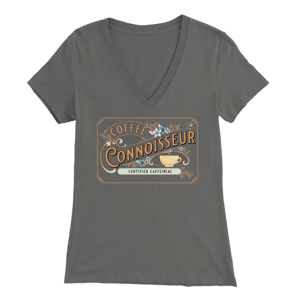 a woman's grey v-neck shirt with the Coffee Connoisseur design by Caffeiniac on the front