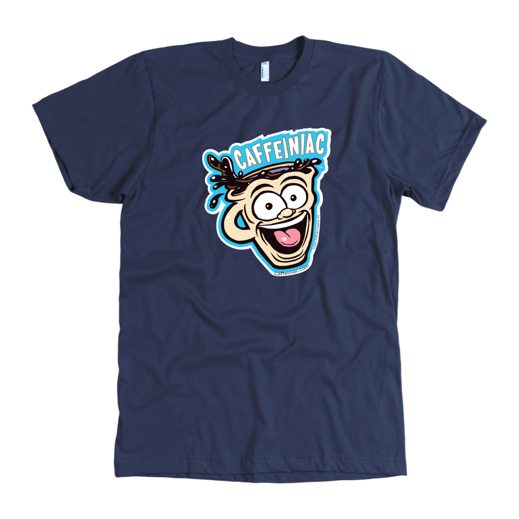 front view of a navy blue mens t-shirt featuring the original Caffeiniac dude cup design