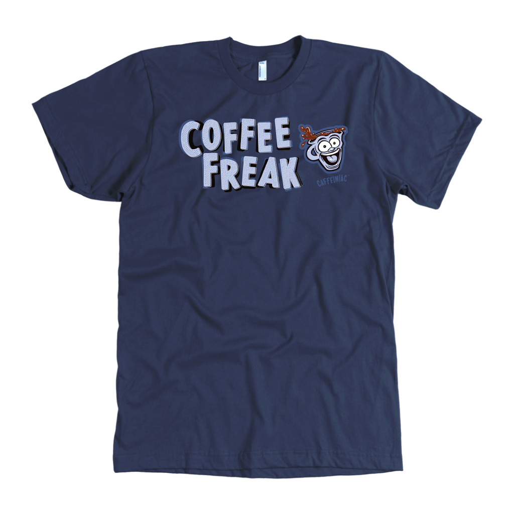 front view of a men's  navy blue Caffeiniac t-shirt featuring the Coffee Freak design