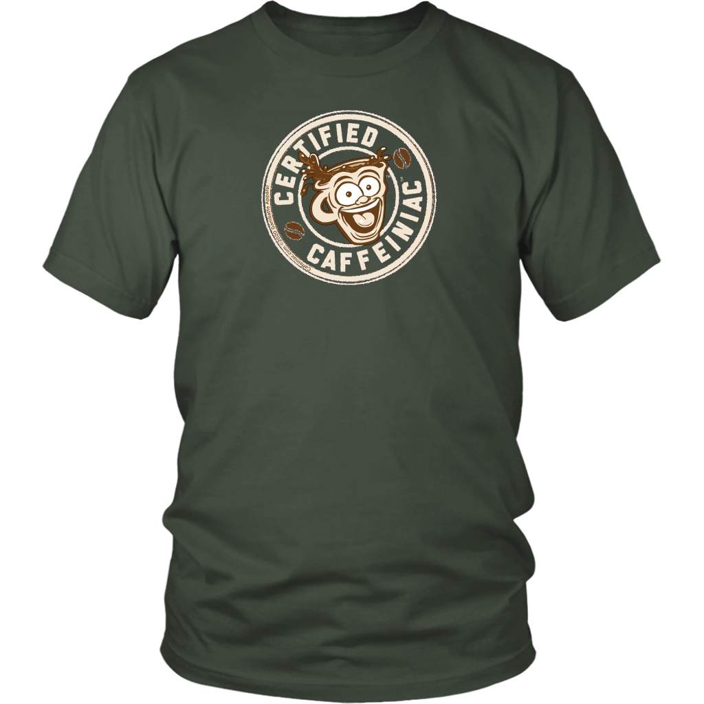 Front view of a men’s green t-shirt featuring the Certified Caffeiniac design in tan ink on the front