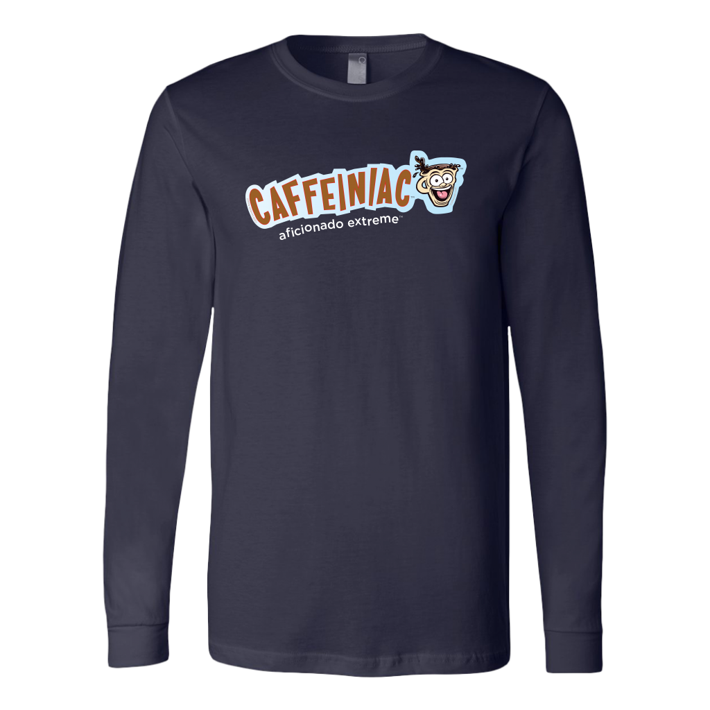 front view of a navy blue long sleeve tshirt with Caffeiniac aficionado extreme design on the front