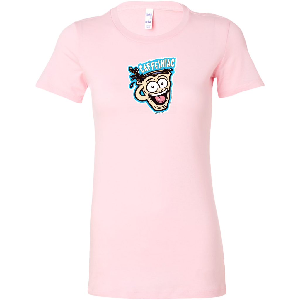 front view of a pink short sleeve shirt featuring the original Caffeiniac dude cup design on the front