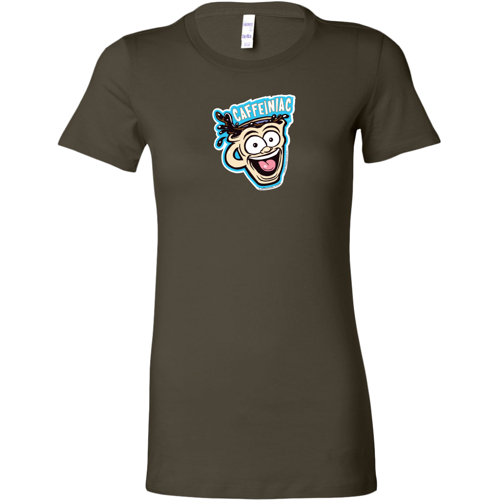 front view of a green short sleeve shirt featuring the original Caffeiniac dude cup design on the front