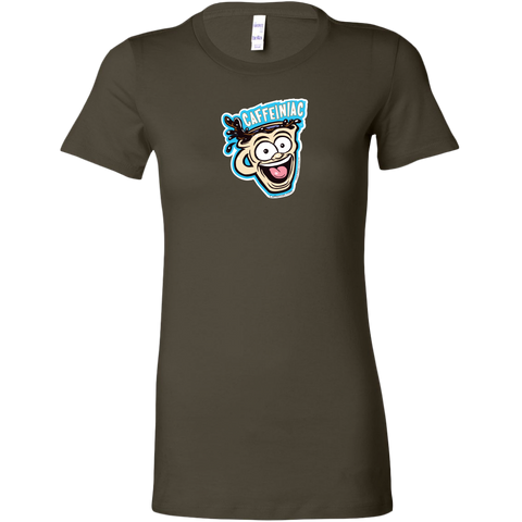 Image of front view of a green short sleeve shirt featuring the original Caffeiniac dude cup design on the front