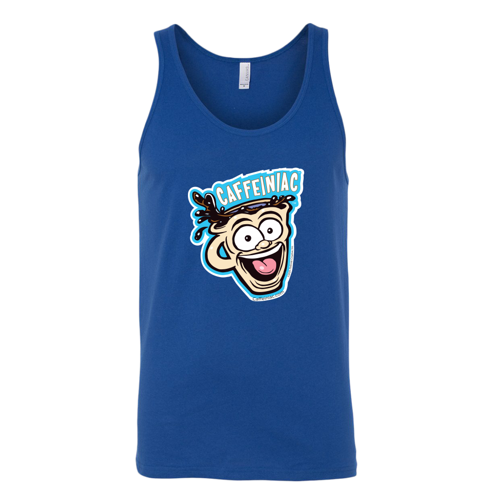 front view of a royal blue tank top featuring the original Caffeiniac dude cup design on the front