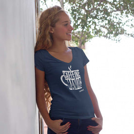 a woman wearing a blue Caffeine Maniac shirt by Caffeiniac