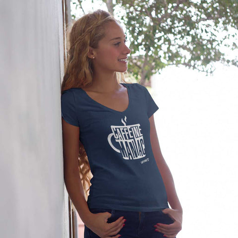 Image of a woman wearing a blue Caffeine Maniac shirt by Caffeiniac