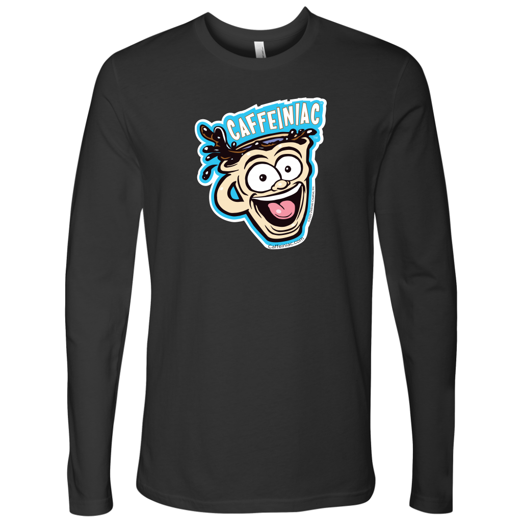front view of a grey Next Level Mens Long Sleeve T-Shirt featuring the original Caffeiniac Dude cup design on the front