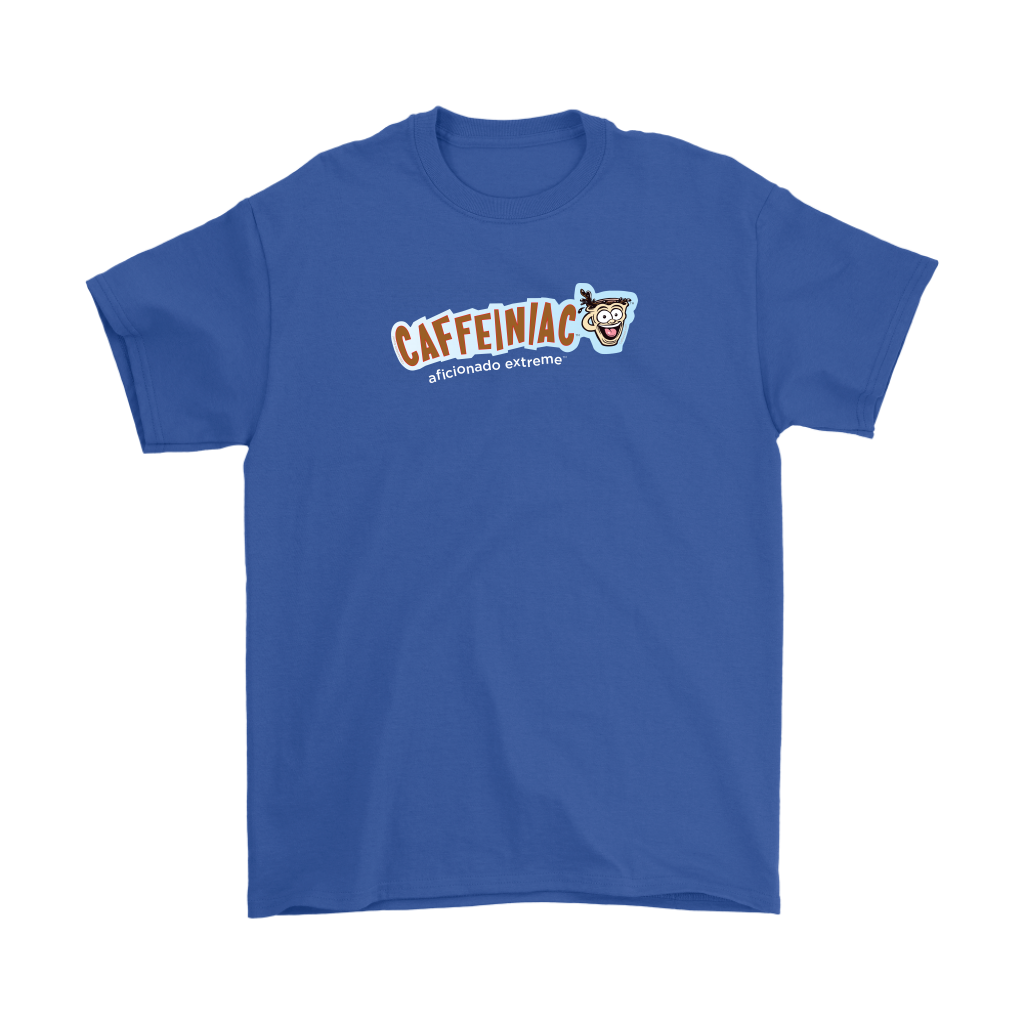 a royal blue Gildan Mens T-Shirt featuring the Caffeinaic aficionado extreme design on the front