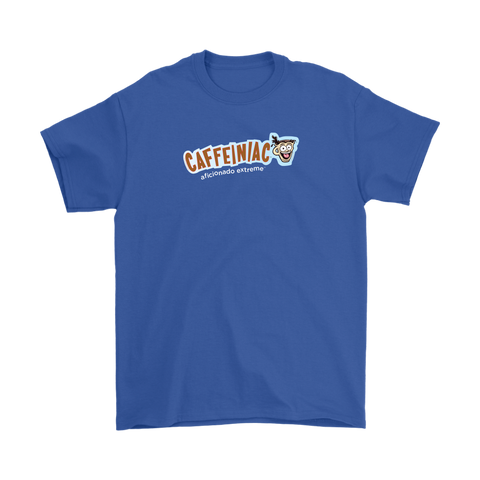Image of a royal blue Gildan Mens T-Shirt featuring the Caffeinaic aficionado extreme design on the front