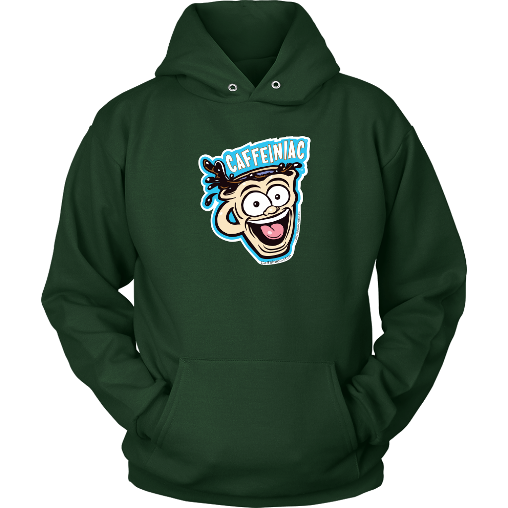 Front view of a green unisex Hoodie featuring the original Caffeiniac Dude cup design on the front