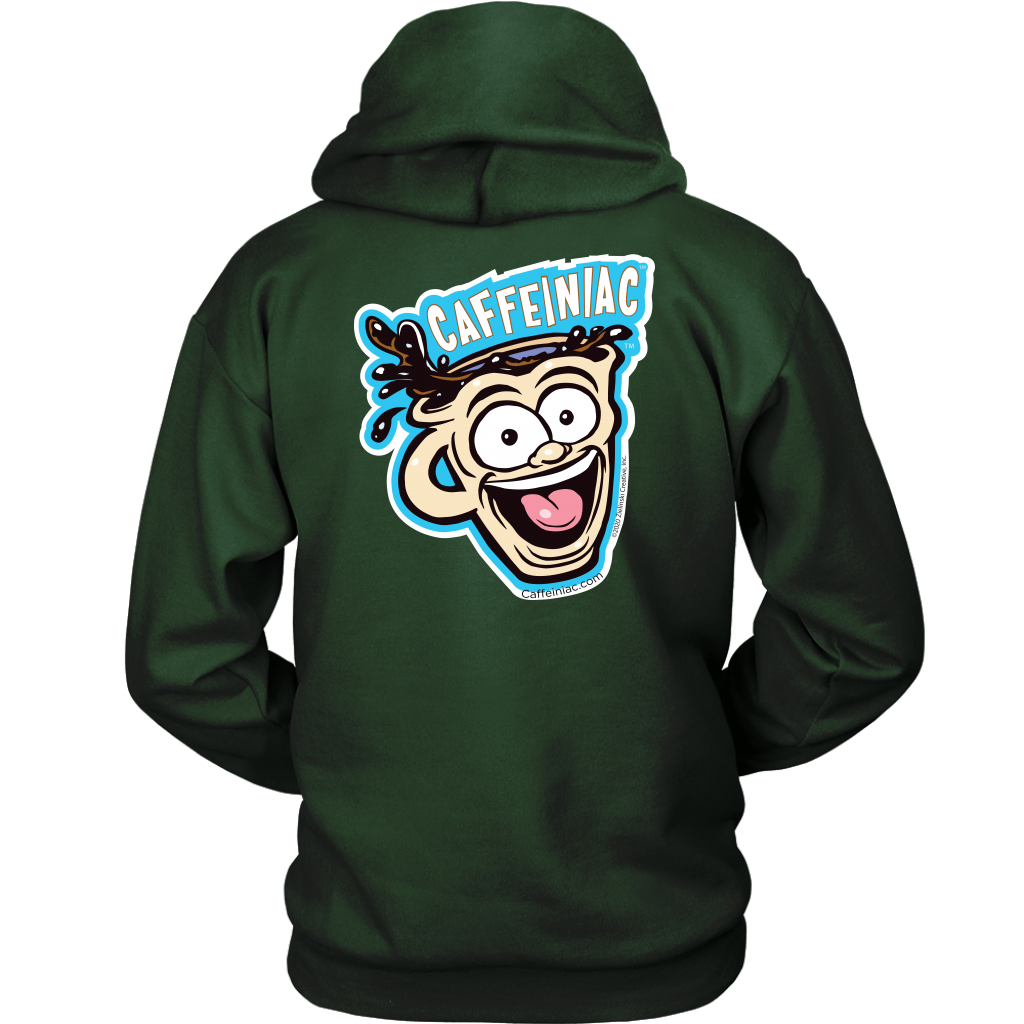back view of a green unisex Hoodie featuring the original Caffeiniac Dude design on the front left chest and full size on the back