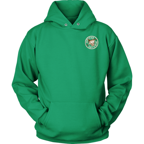 Image of  front view of a green hoodie with the Certified Caffeiniac design on the front left chest