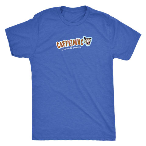 Image of a blue Next Level Mens Triblend T-shirt featuring the Caffeinaic aficionado extreme design on the front