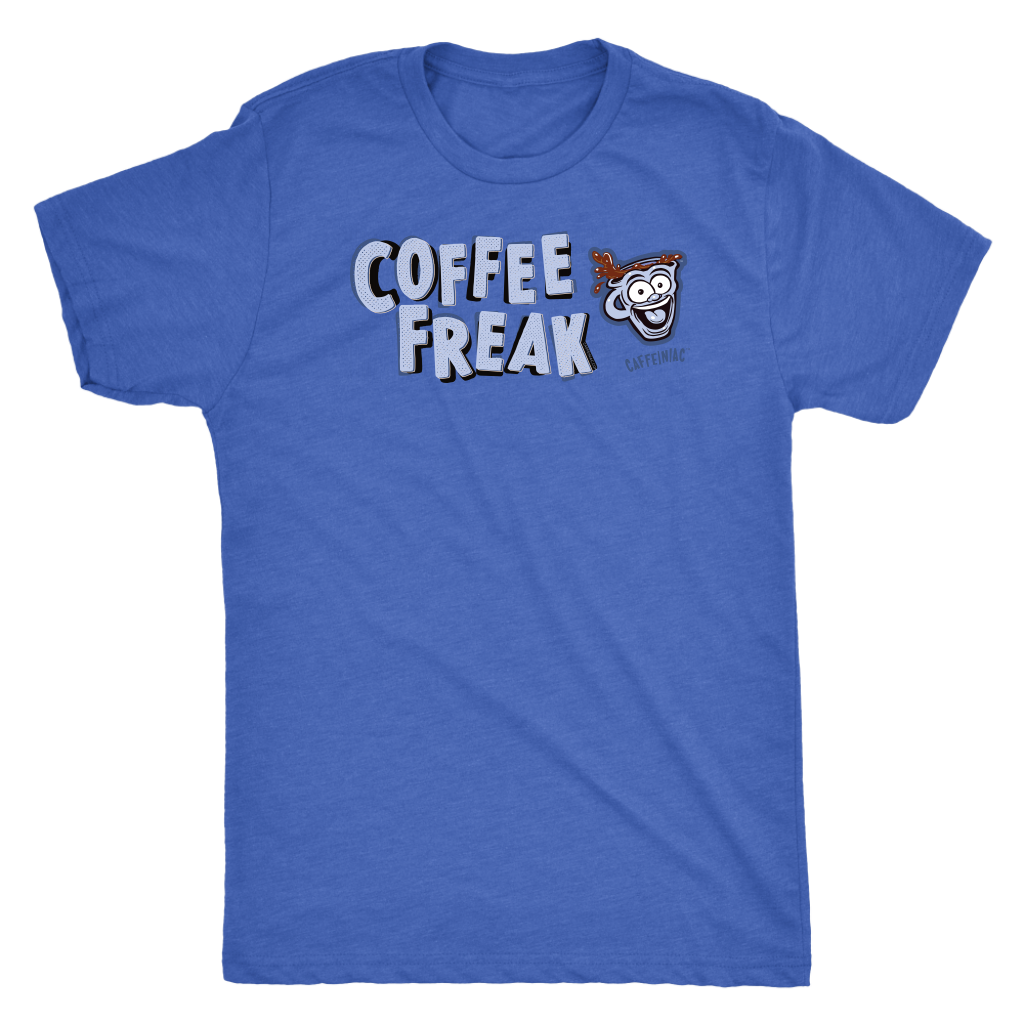 front view of a royal blue Caffeiniac t-shirt with the COFFEE FREAK design