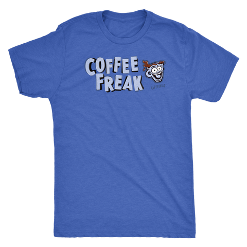 Image of front view of a royal blue Caffeiniac t-shirt with the COFFEE FREAK design