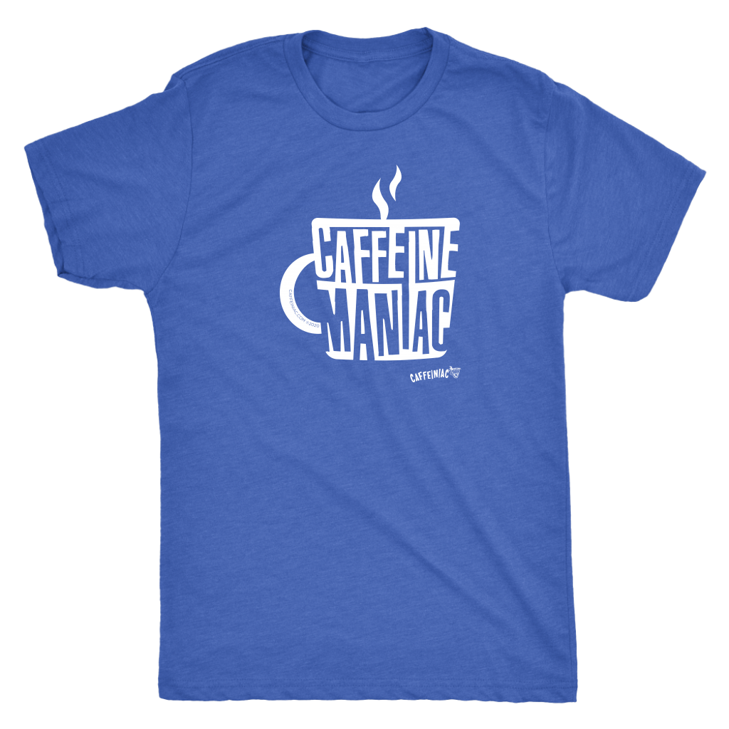 a blue Caffeiniac t-shirt featuring the Caffeine Maniac design on the front in white letters