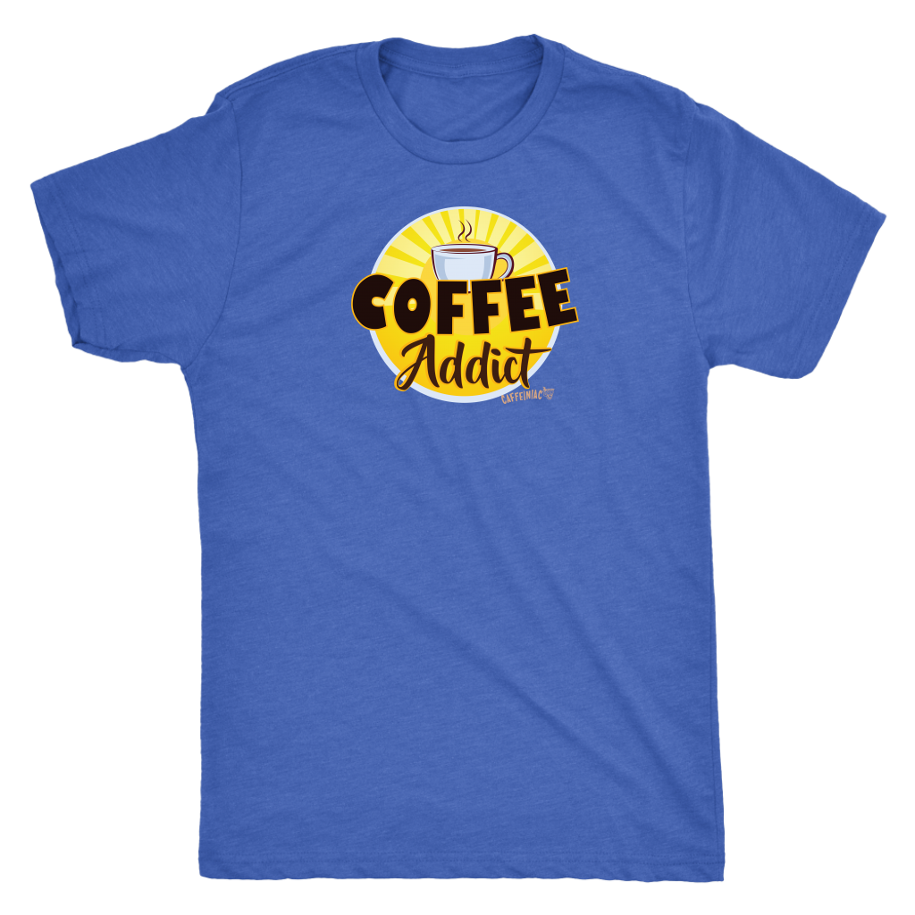 front view of a mens royal blue Caffeiniac t-shirt featuring the Coffee Addict design